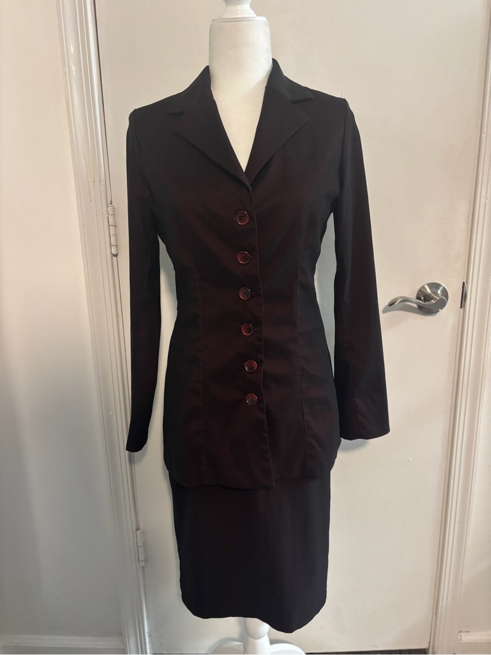 Burgundy Tailored Black Women's Button-Front Suit Jacket & Pencil Skirt